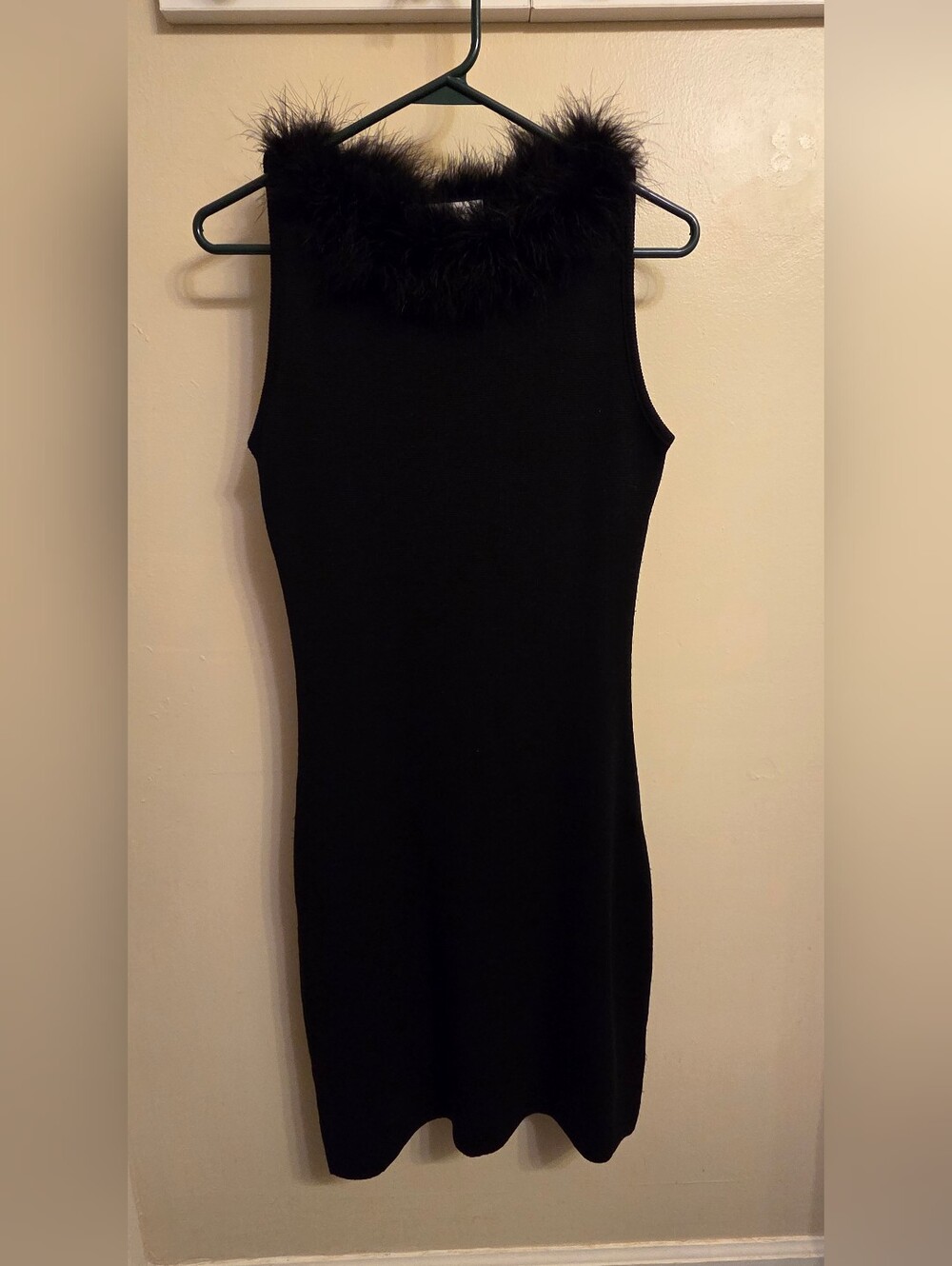 Vintage Black Feather Trim Sleeveless Bodycon Knit Dress M Gothglam LBD 90s Y2K